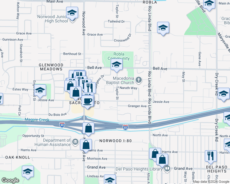 map of restaurants, bars, coffee shops, grocery stores, and more near in Sacramento