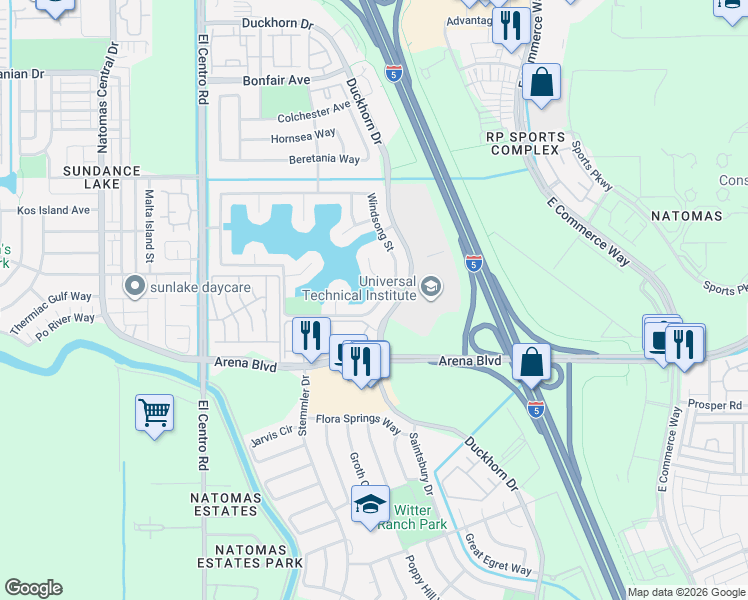 map of restaurants, bars, coffee shops, grocery stores, and more near 3301 Arena Boulevard in Sacramento