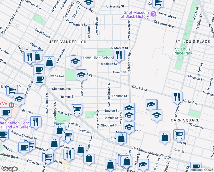 map of restaurants, bars, coffee shops, grocery stores, and more near 1353 North Leffingwell Avenue in St. Louis