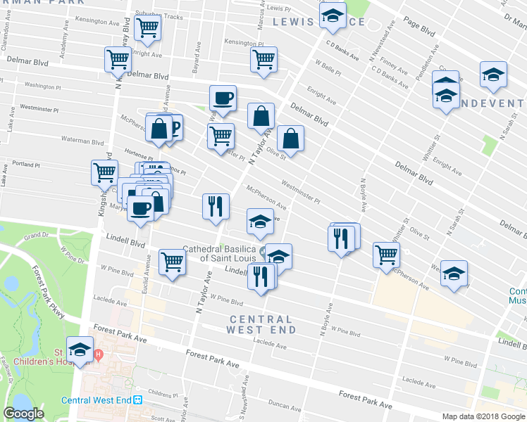map of restaurants, bars, coffee shops, grocery stores, and more near 337 Greenwich Court in St. Louis