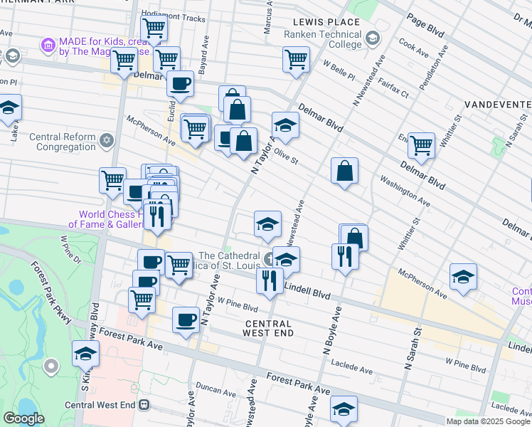 map of restaurants, bars, coffee shops, grocery stores, and more near 337 Greenwich Court in St. Louis