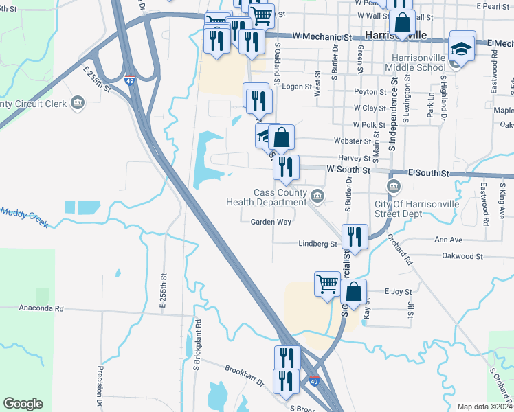 map of restaurants, bars, coffee shops, grocery stores, and more near 1018 Garden Way in Harrisonville