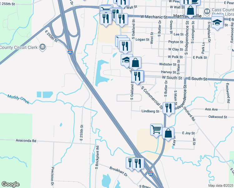 map of restaurants, bars, coffee shops, grocery stores, and more near 1602 Garden Terrace in Harrisonville