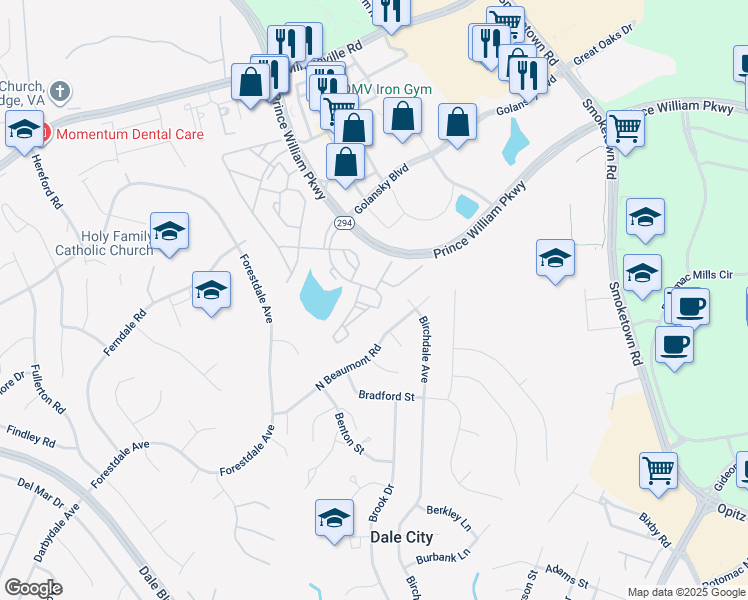 map of restaurants, bars, coffee shops, grocery stores, and more near 14197 Cuddy Loop in Woodbridge