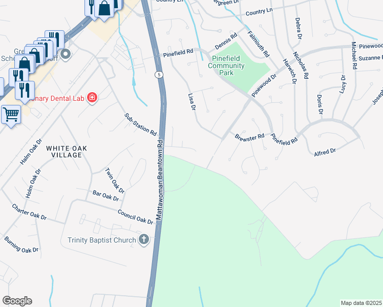 map of restaurants, bars, coffee shops, grocery stores, and more near 12613 Indian Lane in Waldorf