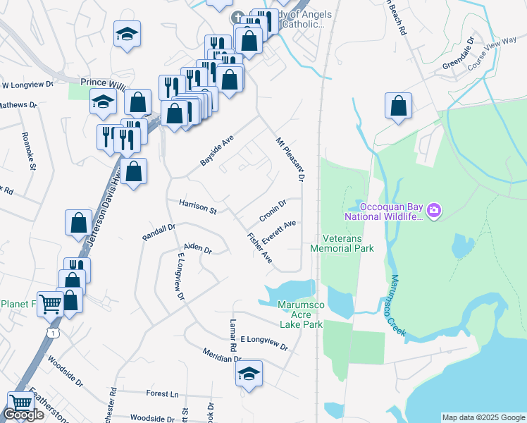 map of restaurants, bars, coffee shops, grocery stores, and more near 1268 Cronin Drive in Woodbridge