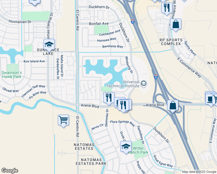 map of restaurants, bars, coffee shops, grocery stores, and more near 4742 Windsong Street in Sacramento