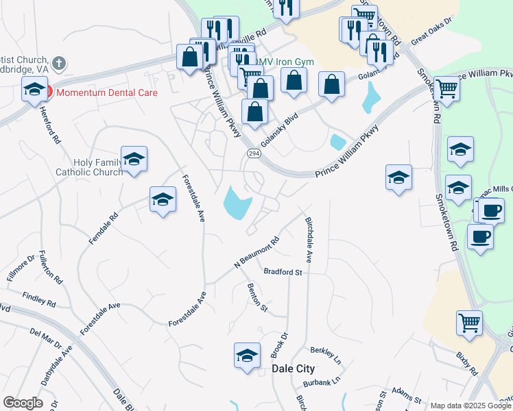 map of restaurants, bars, coffee shops, grocery stores, and more near 14154 Cuddy Loop in Woodbridge