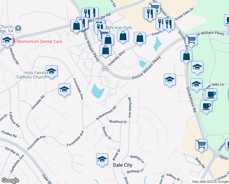map of restaurants, bars, coffee shops, grocery stores, and more near 14197 Cuddy Loop in Woodbridge