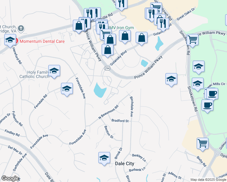 map of restaurants, bars, coffee shops, grocery stores, and more near 14151 Cuddy Loop in Woodbridge