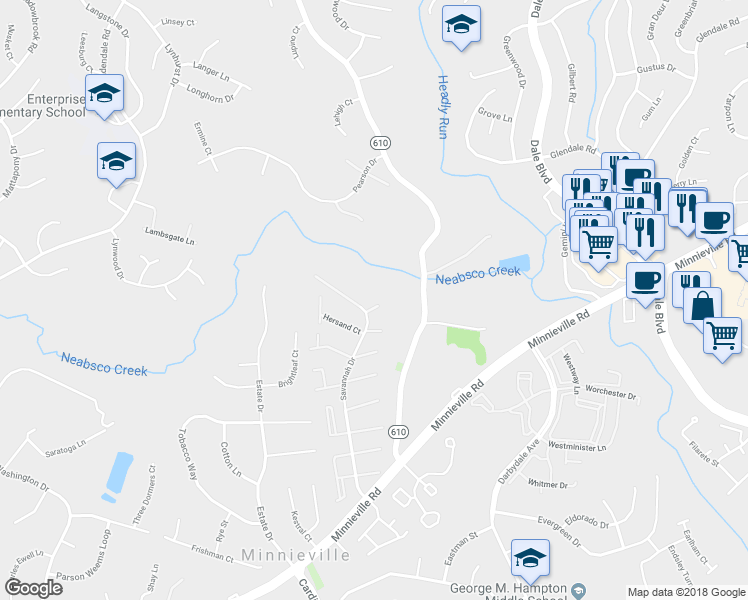 map of restaurants, bars, coffee shops, grocery stores, and more near 4682 Joanna Court in Woodbridge