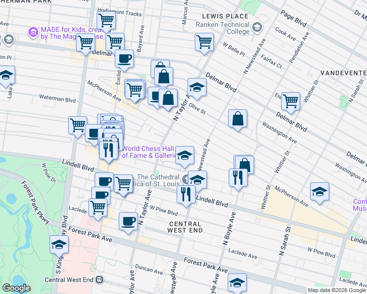 map of restaurants, bars, coffee shops, grocery stores, and more near 337 Greenwich Court in St. Louis