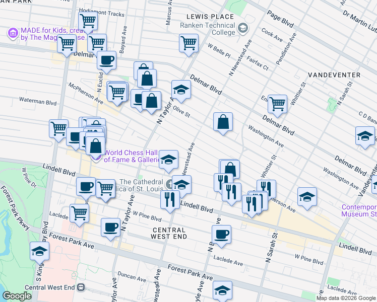 map of restaurants, bars, coffee shops, grocery stores, and more near 4404 McPherson Avenue in Saint Louis