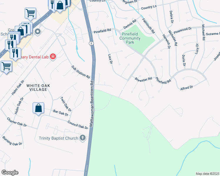 map of restaurants, bars, coffee shops, grocery stores, and more near 12613 Indian Lane in Waldorf