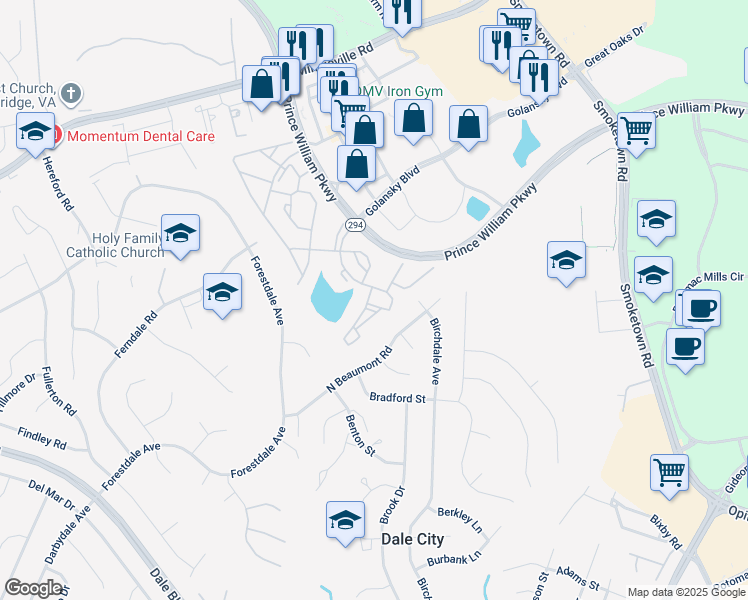 map of restaurants, bars, coffee shops, grocery stores, and more near 14151 Cuddy Loop in Woodbridge