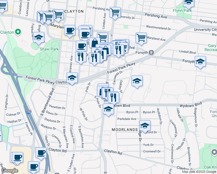map of restaurants, bars, coffee shops, grocery stores, and more near 422 South Hanley Road in Clayton