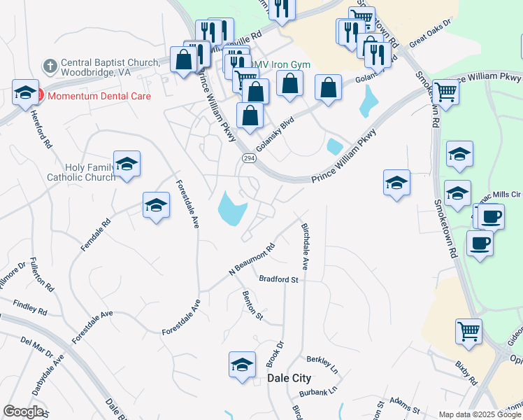 map of restaurants, bars, coffee shops, grocery stores, and more near 14151 Cuddy Loop in Woodbridge