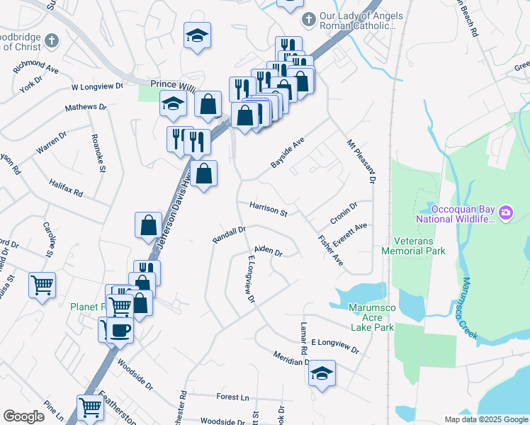 map of restaurants, bars, coffee shops, grocery stores, and more near 1417 Harrison Street in Woodbridge