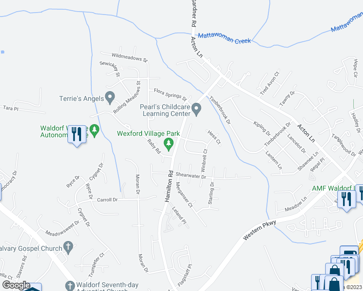map of restaurants, bars, coffee shops, grocery stores, and more near 2425 Rabbits Run Street in Waldorf
