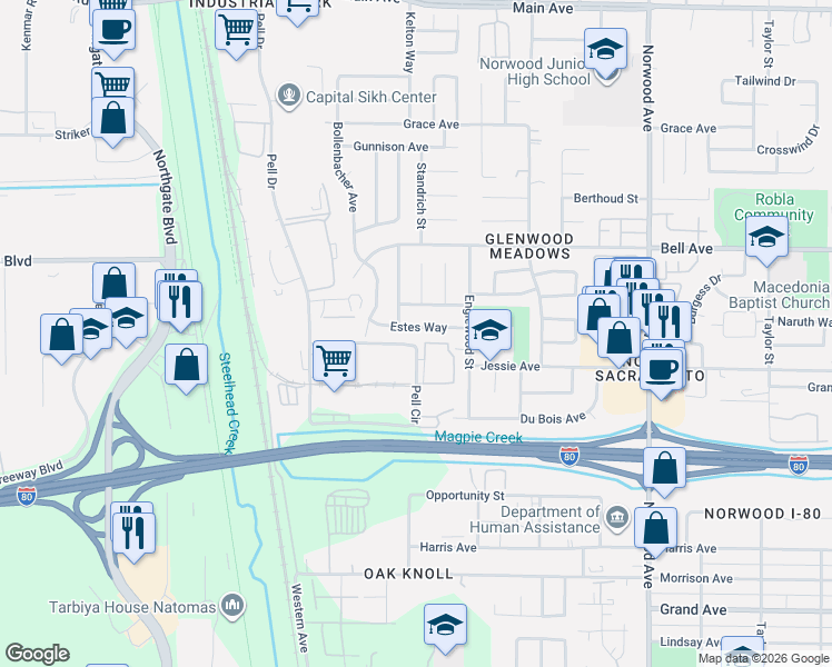 map of restaurants, bars, coffee shops, grocery stores, and more near 154 Estes Way in Sacramento