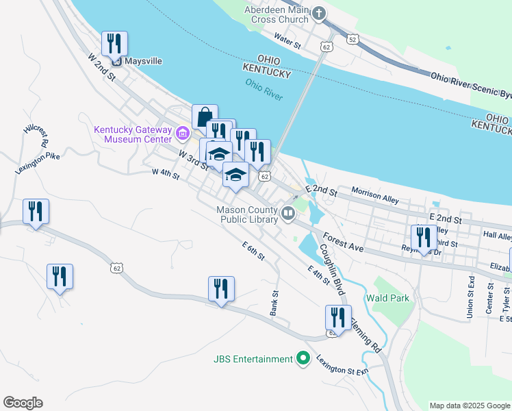 map of restaurants, bars, coffee shops, grocery stores, and more near 118 East 4th Street in Maysville