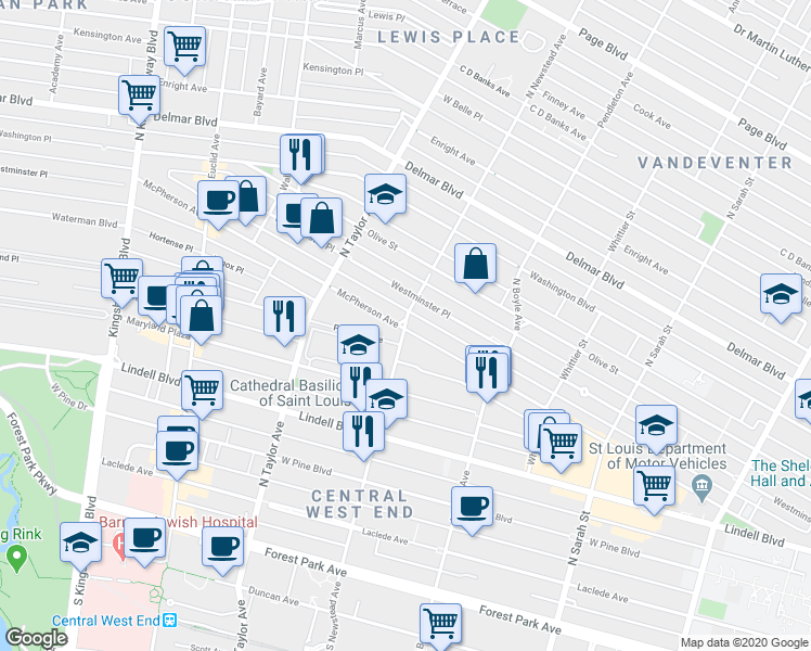 map of restaurants, bars, coffee shops, grocery stores, and more near 4400 Pershing Avenue in St. Louis