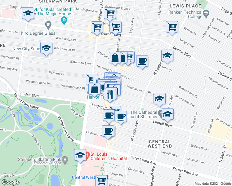 map of restaurants, bars, coffee shops, grocery stores, and more near 4652 Maryland Avenue in St. Louis