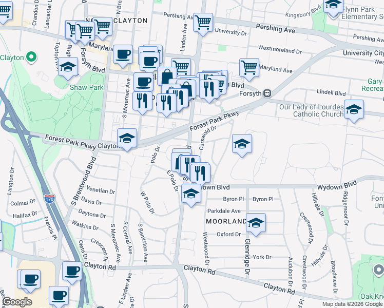 map of restaurants, bars, coffee shops, grocery stores, and more near 438 South Hanley Road in Clayton