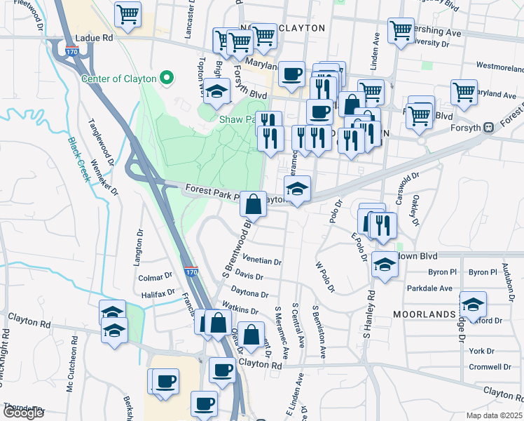 map of restaurants, bars, coffee shops, grocery stores, and more near 8033 Rosiline Drive in Clayton