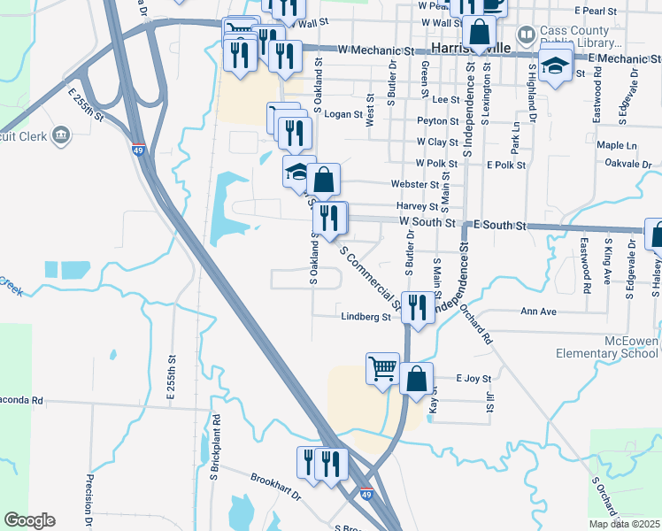 map of restaurants, bars, coffee shops, grocery stores, and more near 916 Garden Way in Harrisonville