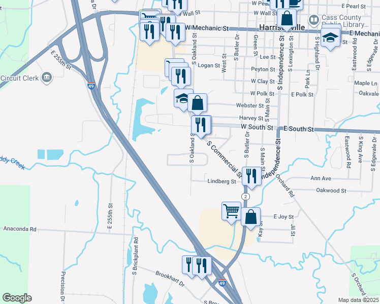 map of restaurants, bars, coffee shops, grocery stores, and more near 916 Garden Way in Harrisonville