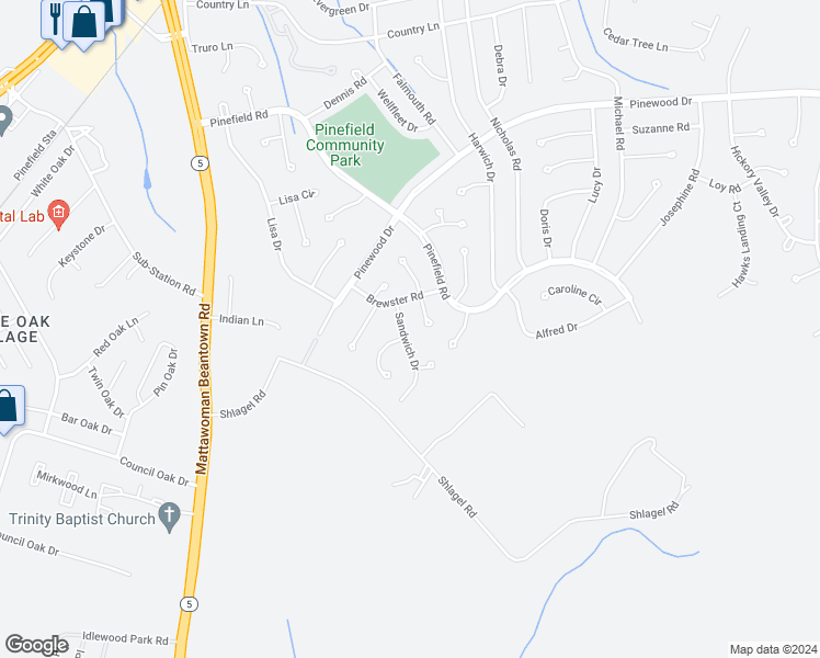 map of restaurants, bars, coffee shops, grocery stores, and more near 2905 Sandwich Drive in Waldorf