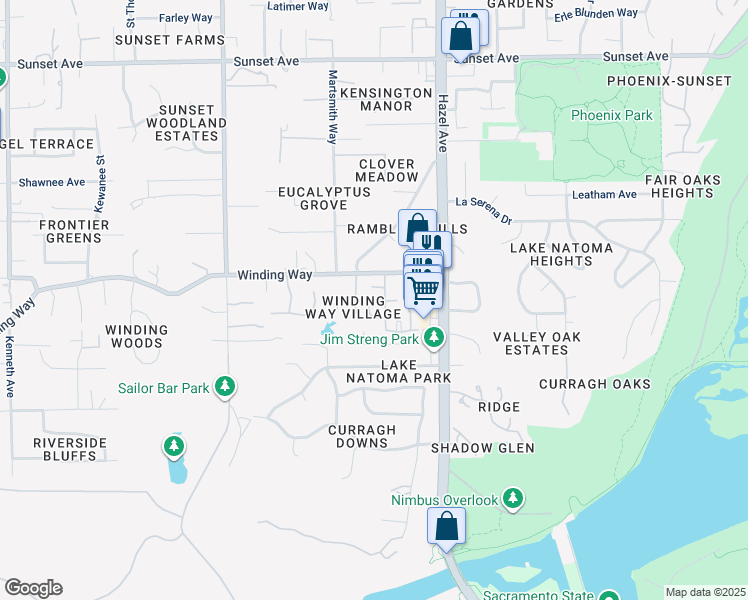 map of restaurants, bars, coffee shops, grocery stores, and more near 4252 Mockingbird Street in Fair Oaks