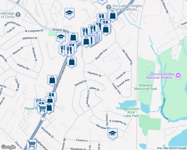 map of restaurants, bars, coffee shops, grocery stores, and more near 1417 Harrison Street in Woodbridge