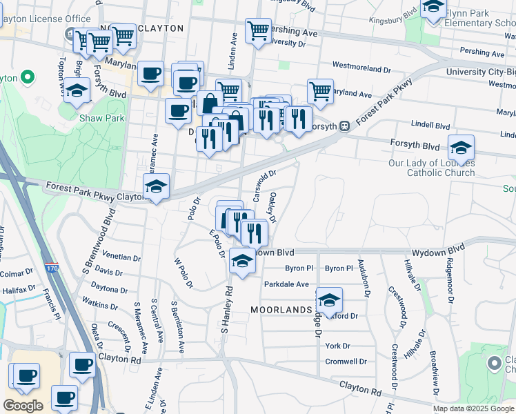 map of restaurants, bars, coffee shops, grocery stores, and more near 418 Carswold Drive in Clayton