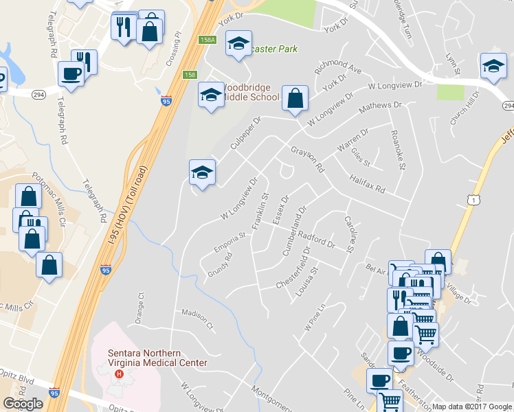 map of restaurants, bars, coffee shops, grocery stores, and more near 14118 Franklin Street in Woodbridge