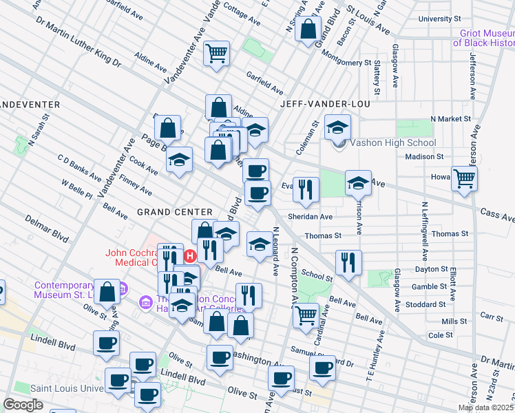 map of restaurants, bars, coffee shops, grocery stores, and more near 3526 Page Boulevard in St. Louis