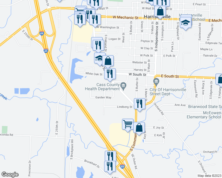 map of restaurants, bars, coffee shops, grocery stores, and more near 902 Garden Drive in Harrisonville