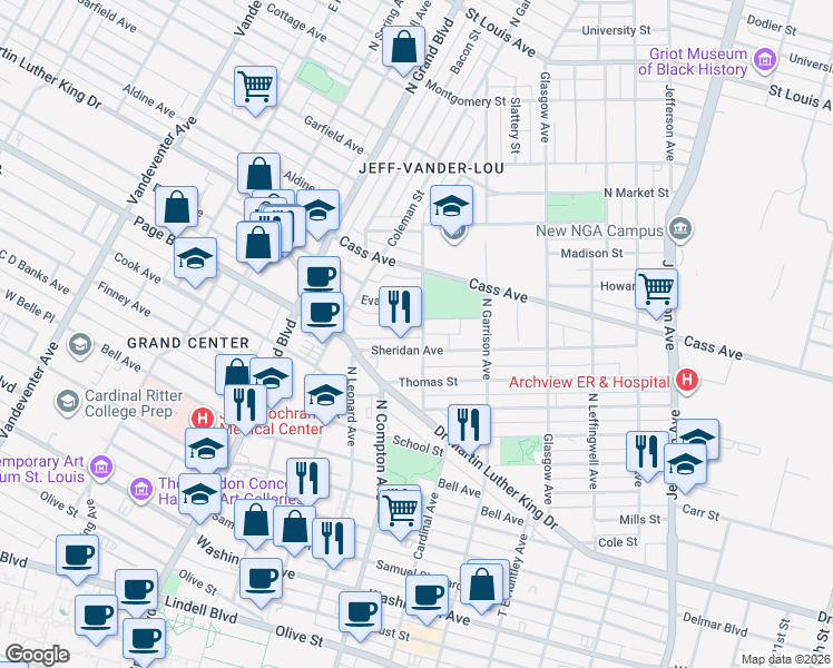 map of restaurants, bars, coffee shops, grocery stores, and more near 1417 Webster Avenue in St. Louis