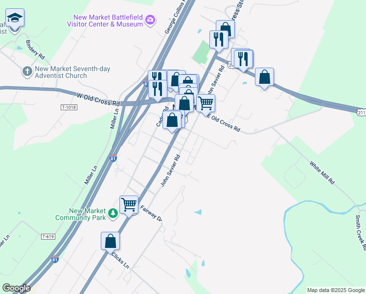 map of restaurants, bars, coffee shops, grocery stores, and more near 9474 John Sevier Road in New Market