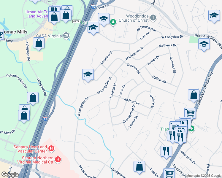 map of restaurants, bars, coffee shops, grocery stores, and more near 14118 Franklin Street in Woodbridge
