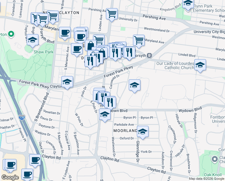 map of restaurants, bars, coffee shops, grocery stores, and more near 435 Oakley Drive in Clayton