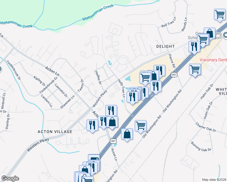 map of restaurants, bars, coffee shops, grocery stores, and more near 2482 Lake Drive in Waldorf