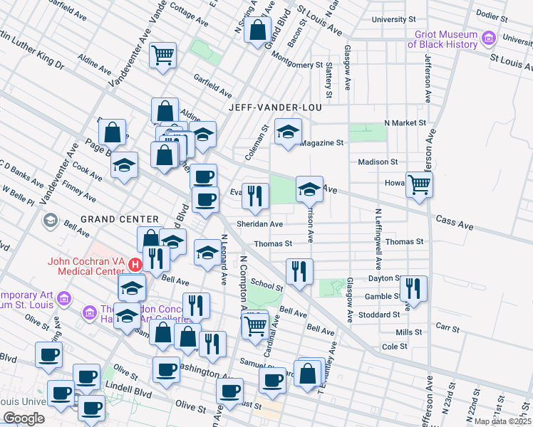 map of restaurants, bars, coffee shops, grocery stores, and more near 1417 Webster Avenue in St. Louis