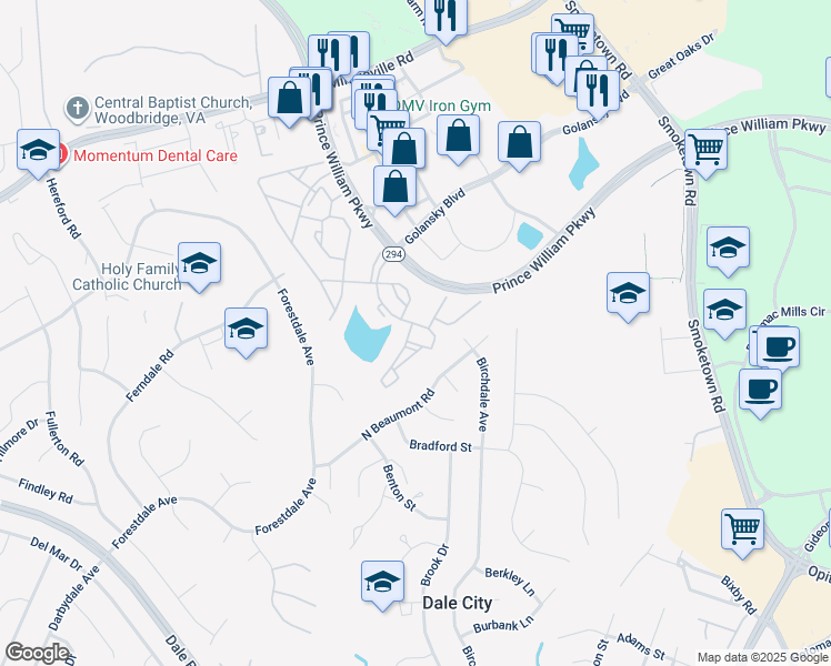 map of restaurants, bars, coffee shops, grocery stores, and more near 14151 Cuddy Loop in Woodbridge