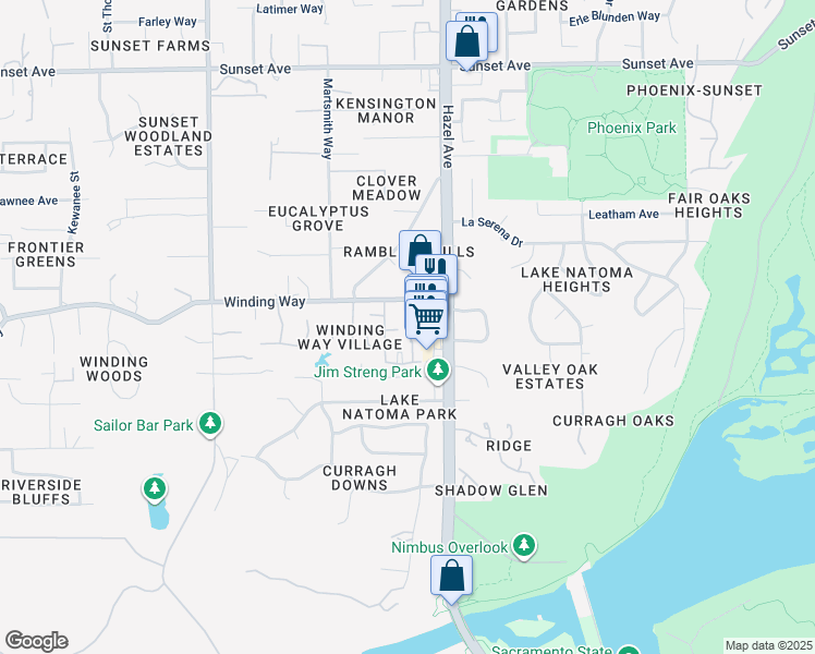 map of restaurants, bars, coffee shops, grocery stores, and more near 8842 Winding Way in Fair Oaks