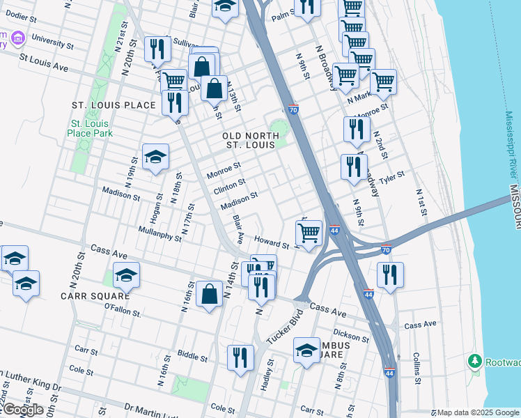 map of restaurants, bars, coffee shops, grocery stores, and more near 1927 North 14th Street in St. Louis