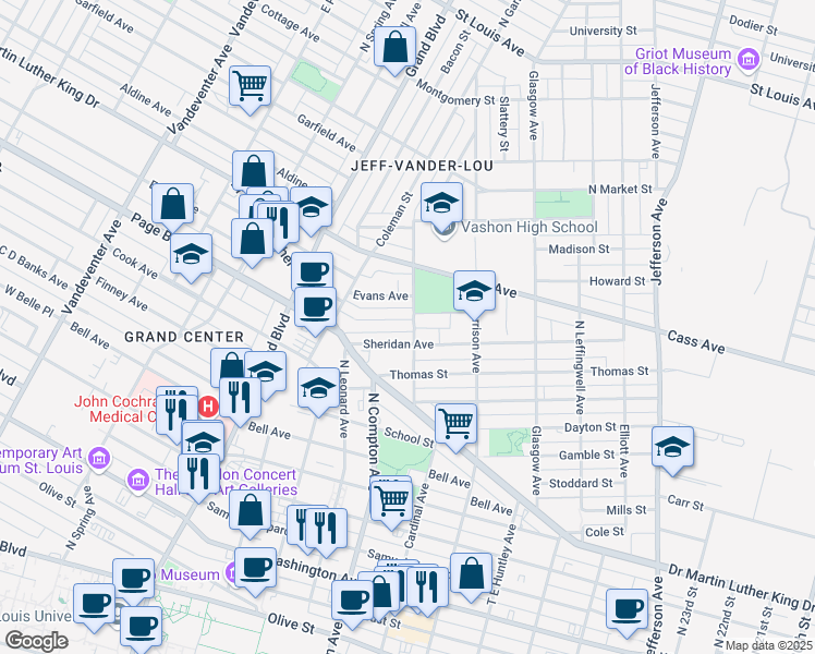 map of restaurants, bars, coffee shops, grocery stores, and more near 3054 Sheridan Avenue in St. Louis