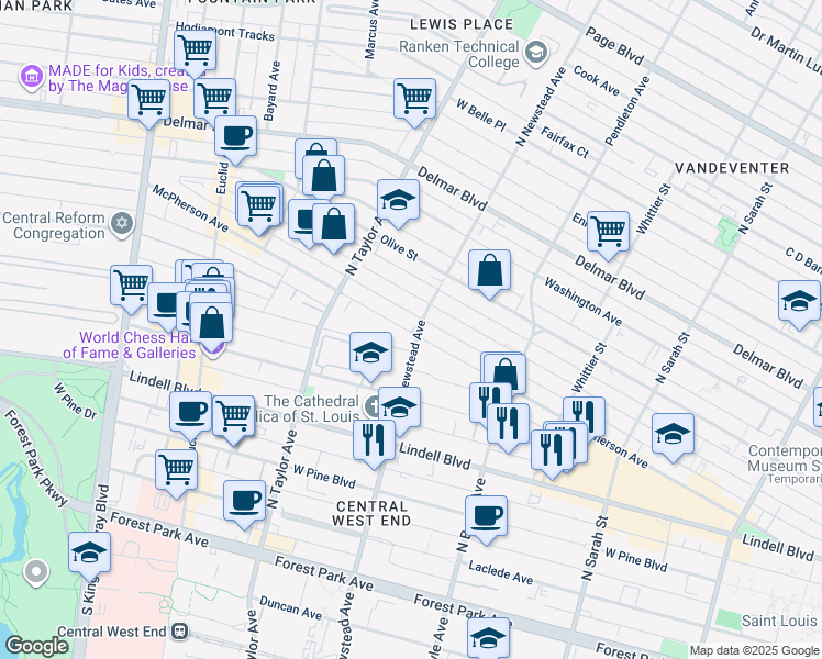 map of restaurants, bars, coffee shops, grocery stores, and more near 4400 McPherson Avenue in St. Louis