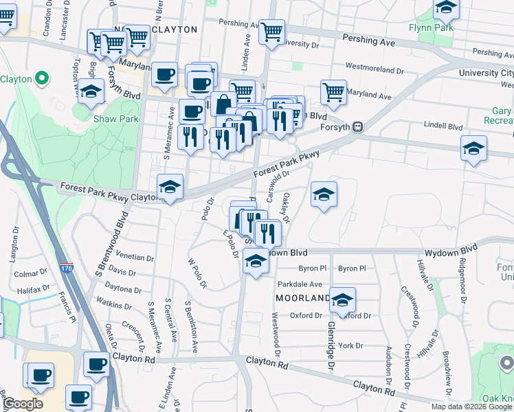 map of restaurants, bars, coffee shops, grocery stores, and more near 438 South Hanley Road in Clayton
